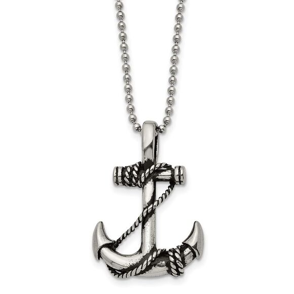 Stainless Steel Antiqued 3D Anchor Necklace 22 Inch